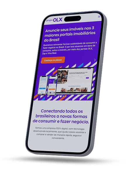 Um Iphone exibindo uma tela de apresentação do grupo OLX